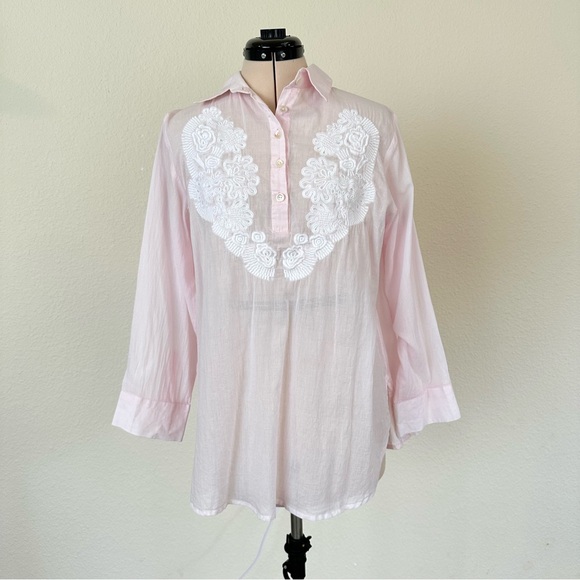 Gretchen Scott Womens Sheer Pink Embroidered Top Size Medium Button Boho Coastal - Picture 1 of 9